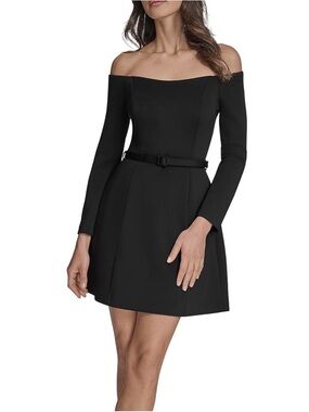 Off-Shoulder Long Sleeve Mini Dress in Black